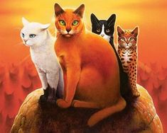 three cats are sitting on top of an orange turtle and one cat is standing up