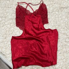 Sexy Red Lingerie With The Matching Robe Lace Detail Side Cutouts Size Says Xl But It Fits More Small-Medium Brand New Red Party Sleepwear With Built-in Bra, Red Stretch Camisole For Party, Red Camisole With Built-in Bra For Night Out, Red Backless Top For Night Out, Red Camisole For Party, Babydoll Nightgown, Pink Nightgown, Black Babydoll, Matching Robes