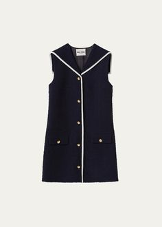 Miu Miu Tweed Sailor Collar Wool Mini Dress with Piping - Bergdorf Goodman Miumiu Dress, Miu Miu Dress, Mini Dress Blue, Cocktail Jacket, Sailor Collar, Tweed Dress, Van Cleef Arpels, Dolce & Gabbana, David Yurman