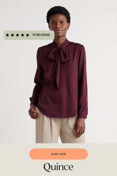 This polished blouse combines the best of both worlds. Wear the ties in a ladylike bow at the neck or leave them long and loose — whatever your mood calls for. Made of our bestselling premium mulberry silk, it has a hint of stretch for a flexible fit. Even better, it’s washable. As a bonus, silk fiber contains 18 kinds of amino acids that make it amazing for skin nourishment, hypo-allergenic, and naturally thermoregulating to help maintain body temperature.  | Quince | Women's Washable Stretch S Silk Office Blouse For Fall, Office Blouse With Tie Sleeves For Fall, Silk Blouse For Office In Fall, Silk Blouse For Office Wear In Fall, Formal Tie Neck Top For Fall, Fall Office Blouse With Tie Sleeves, Silk Blouse For Fall Daywear, Elegant Viscose Tops For Fall, Elegant Tie Neck Blouse For Daywear