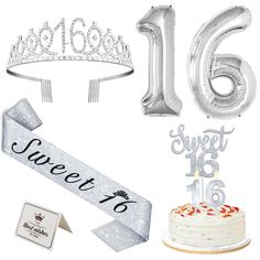 silver sweet sixteen birthday decorations and cake toppers with ribbons, tiara, and balloons