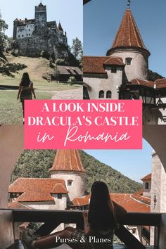 a woman sitting on a bench in front of a castle with the words, a look inside dracula's castle in portugal