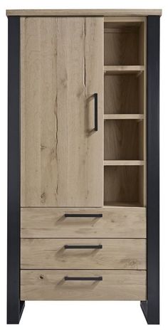 an armoire with drawers and shelves on one side, two doors open to the other