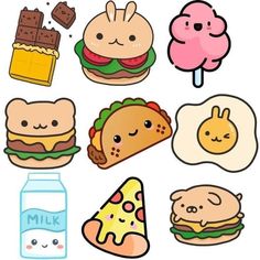 Cartoon Drawing For Kids, Pizza Hamburger, Cute Small Drawings, Cute Pizza, Food Kawaii, Cute Food Drawings