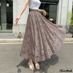 Olivia Mark - Lace Detail Floral Midi Skirt with High Waist and Long A-Line Silhouette Dr Wardrobe, Floral Lace Skirt, Skirt Korean, Long Skirt Summer, White Lace Skirt, Maxi Lace Skirt, High Waisted Maxi Skirt, Skirt Y2k, Stylish Skirts