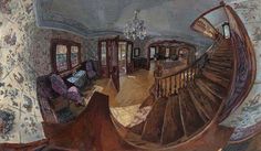 an artistic painting of a staircase in a house with chandelier and couches