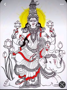 a drawing of the god ganesha with an elephant and sun in the background