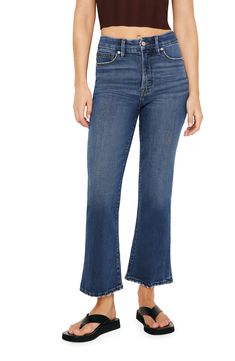 Light distressing gives a lived-in look to stretch-kissed flare jeans boasting a cropped length that's perfect for sunny days. 26" inseam; 18" leg opening; 11 1/2" front rise; 14" back rise (size 8)
 Zip fly with button closure Five-pocket style 69% preconsumer cotton, 30% lyocell, 1% elastane Machine wash, tumble dry Made in Turkey Black Owned/Founded Spring Dark Wash Flares With Five Pockets, Dark Wash Mid-rise Flares For Spring, Dark Wash Flare Cropped Jeans, Dark Wash Flared Cropped Jeans, Casual Dark Wash Flare Cropped Jeans, Mid-rise Medium Wash Flares For Spring, Mid-rise Summer Flares, Summer Flare Cropped Jeans With Five Pockets, Dark Wash Cropped Flare Jeans With Frayed Hem