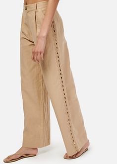 High waisted wide leg pant with pleats Flat waistband with belt loops Zipper fly construction with button closure Sheer panel at side seams Pockets at side Fully lined Khaki Wide Leg Pants, Modern Bridal Gowns, High Waisted Wide Leg Pants, Silk Sleepwear, Cami Nyc, Vacation Wardrobe, Camisole Dress, Modern Bridal, Irish Cream