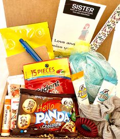 a box filled with lots of snacks and candy