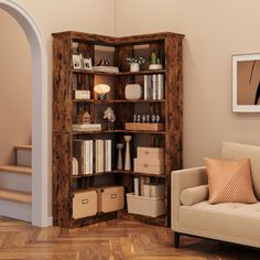 an open bookcase in the corner of a living room next to a couch and stairs