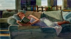 a painting of a man laying on a couch reading a book with his eyes closed