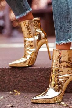 Metallic Gold Pointed Stiletto Heeled Ankle Boots – FloralKini Gold Boots, Metallic Boots, High Heel Boots Ankle, Leather High Heels, Color Dorado, High Heels Stilettos, Heeled Ankle Boots, Leather Ankle Boots, Ripped Jeans