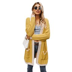 Yellow Long Sleeve Pocketed Thick Cardigan Yellow Casual Cardigan With Pockets, Casual Yellow Cardigan With Pockets, Yellow Winter Cardigan With Pockets, Yellow Open Front Cardigan For Fall, Yellow Cardigan For Fall Layering, Cheap Sweaters Online, Thick Cardigan, Women Lace Dress, Thick Sweater