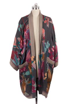 Love to layer in this eclectic long duster styled in an ultra-comfortable silhouette and colorful floral pattern that is signature to Saachi's artisanal inspired brand. 27" length Shawl collar Elbow-length sleeves Open front 100% cotton Hand wash cold, line dry Imported Long Floral Print Kimono For Fall, Long Printed Spring Outerwear, Bohemian Outerwear With Floral Print And Kimono Sleeves, Spring Kimono With Pockets, One Size Floral Print Kimono For Fall, Floral Print Relaxed Fit Outerwear For Fall, Relaxed Fit Floral Print Outerwear For Fall, Bohemian Multicolor Outerwear For Spring, Long Fall Kimono With Relaxed Fit