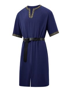 a women's blue jumpsuit with gold trims