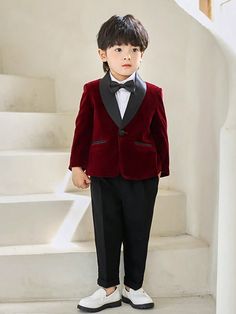 Burgundy Party Collar   Colorblock,Plain  Embellished Non-Stretch Fall,Spring,Spring/Fall,Winter,Fall/Winter Young Boys Clothing Winter Costume Suits With Long Sleeves, Winter Party Sets With Suit Collar, Long Sleeve Suits For Winter Costume Party, Long Sleeve Suits For Holiday Costume Party, Red Party Sets For Winter, Long Sleeve Suits For Winter Party, Red Tuxedo Style Party Sets, Red Tuxedo Party Sets, Winter Long Sleeve Costume Party Sets