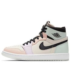 This Air Jordan 1 Zoom Comfort "Easter" has been constructed in a pastel color hue that is inspired by the Easter eggs themselves. It features a cream-colored tumbled leather serving as the base of the upper while purple and pink leather overlays appear at the forefoot and light green accents appear on the heel counter and ankle collar. The Swoosh is made of mesh. The Jumpman logo is embossed, the black laces and tongue add further contrast, while the white covers the opaque sole edged with a be Air Jordan 1 Zoom Comfort, Wmns Air Jordan 1, Jumpman Logo, Womens Air Jordans, Air Jordan 1 High, Retro Women, Jordan 1 High, Green Accents, Black Laces