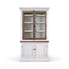 a white china cabinet with two glass doors on the front and one door open to reveal shelves