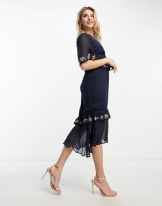 Hope & Ivy flutter sleeve embroidered hem midi dress in navy | ASOS Navy V-neck Midi Dress For Spring, Embroidered V-neck Midi Dress, Flirty V-neck Midi Dress With Ruffle Hem, Summer V-neck Midi Dress With Embroidered Hem, Hope And Ivy, Blue Viscose V-neck Midi Dress, Embroidered Hem, Swim Shop, Navy Fashion