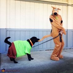 a man in a dog costume is pulling a black dog on a leash while standing next to him