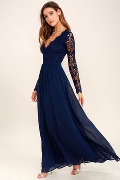 Awaken My Love Navy Blue Long Sleeve Lace Maxi Dress Long Sleeve Lace Maxi Dress, Navy Blue Formal Dress, Navy Blue Bridesmaid Dresses, Long Blue Dress, 파티 드레스, Marine Uniform, Blue Dress Formal, Long Sleeve Prom, Long Sleeve Dress Formal