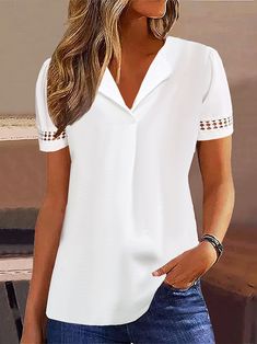 Cheap Casual Short-length Tops, Cheap 3/4 Sleeve Summer Blouse, Cheap Short Sleeve Tops For Anniversary, Affordable Minimalist Women's Tops, Affordable Casual Plain Blouse, Affordable Summer Collared Tops, Elegant 3/4 Sleeve Shirt Cheap, Affordable Simple White T-shirt, Cheap Elegant Short Sleeve Tops