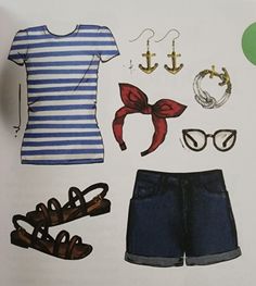 an assortment of clothing and accessories displayed on top of a white board with green polka dots