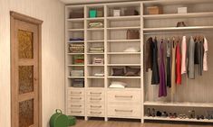 an open closet with clothes and shoes on the shelves, in front of a wooden door