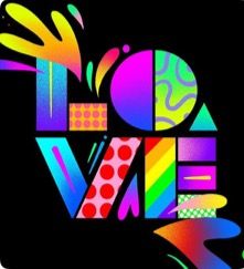 the word love is written in multicolors on a black background with an abstract design