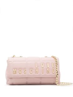 logo-appliqué cross-body bag from LOVE MOSCHINO featuring light pink, logo lettering, gold-tone hardware, quilted, leather and chain-link shoulder strap, foldover top with magnetic fastening, partitioned compartment, internal zip-fastening pocket and internal logo stamp. Love Moschino Bag, Must Have Purses, Love Moschino Logo, Cross Applique, Moschino Bag, Moschino Bags, Room Things, Moschino Logo, Closet Needs