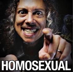 a man with long hair pointing at the camera and text that reads homosexual