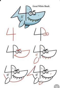 how to draw a cartoon shark with different shapes and sizes for kids, easy step by step drawing