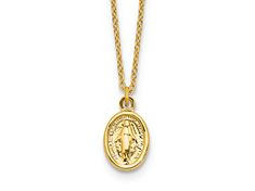 14K yellow gold polished miraculous medal pendant necklace with spring ring clasp. Cable chain measures approximately 17"L x 1/16"W + 1" extension, pendant measures 7/16"L x 1/4"W.