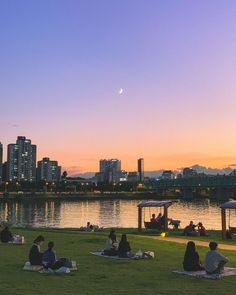 people are sitting on the grass by the water at sunset or dawn, with buildings in the background