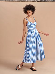 Madeleine Dress – La Ligne Sleeveless Cotton Midi Dress With Ruched Bodice, Casual Cotton Sundress Midi Dress, Cotton Midi Dress With Ruched Bodice, Cotton Maxi Dress With Ruched Bodice, Cotton Dress With Ruched Bodice For Daywear, Sweetheart Neckline Dress For Daywear, Fitted A-line Cotton Sundress, Chic Cotton Midi Dress With Ruched Bodice, Elegant Cotton Maxi Sundress