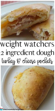 two different types of pastries on a white plate with the words weight watchers 2 ingredient dough, turkey and cheese pockets