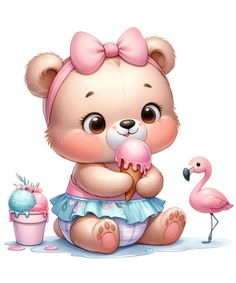 a cute teddy bear eating an ice cream cone with a flamingo behind it and a cupcake in the foreground