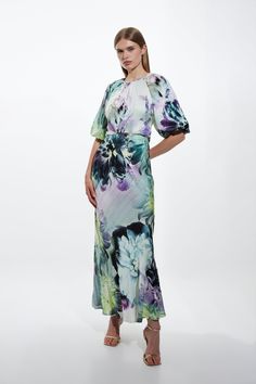 Feel Formal In Our Midi Dress, With High Quality Satin Fabric, Featuring A Fit And Flare Silhouette, Three Quarter Length Sleeves With A Voluminous Balloon Design, And A Charming Floral Print. Style It With Court Heels Or Strappy Heels For A Look That Will Take You From Dinner Dates To Wedding Guest Days To Dressy Evenings Out. Spring Floral Printed Hammered Satin Woven Midi Dress High Quality, Hammered Satin Fabric Figure Hugging Bodice Flattering Flared Skirt Abstract Floral Print Short Balloo Evening Floral Print Mid-length Dress, Evening A-line Midi Dress With Floral Print, Luxury Abstract Print Spring Dresses, Spring Knee-length Dress With Abstract Print, Spring Abstract Print A-line Midi Dress, Petite Business Casual, Hen Do Outfits, Latest Maxi Dresses, Abstract Print Dress