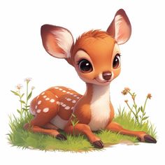 a baby deer sitting in the grass with flowers around it's neck and eyes wide open