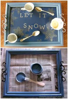 two pictures with spoons and cups in them on top of a tray that says let it snow