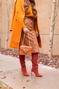 Orange Monochromatic, How To Wear A Beret, Tan Leather Skirt, Fall Fashion Staples, 2019 Outfits, Brown Leather Skirt, Orange Coat, Mustard Sweater, Monochromatic Outfit