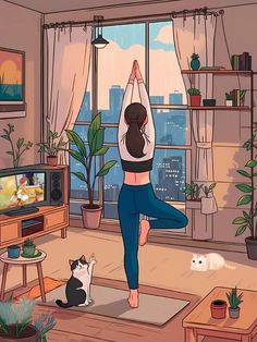 a woman is doing yoga in her living room with a cat sitting on the floor