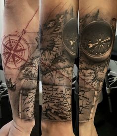 a man's leg with a map and compass tattoo on it