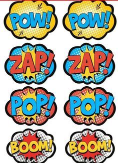 comic speech bubbles with the words pow, pop and boom on them in different colors