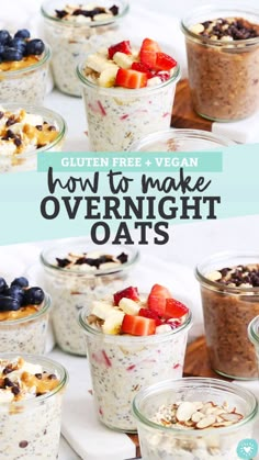 overnight oatmeal with fruit and nuts in glass bowls