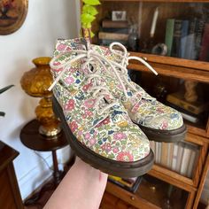 Leather, White With Colorful Floral Pattern, Some Wear Shown, Women’s 8 Us Rose Doc Martens, Doc. Artens With Cute Ruffled Floral Socks, Multicolor Floral Print Boots With Round Toe, Shoes Doc Martens, Dr Martens Floral Boots, Floral Combat Boots, Dr Martens White, Dr Martens Shoes, Liberty London