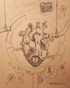 a drawing of the inside of a heart with mechanical parts on it's side