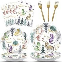 an assortment of children's dinnerware including plates, forks and napkins with dinosaurs on them