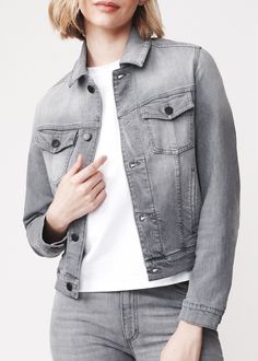 The Celeste is our feminine take on the classic denim jacket. Perfect for any occasion, pair it with a sundress for brunch or jeans for a Canadian tuxedo. A must-have for every wardrobe. Handcrafted in Italy Casual Gray Denim Jacket, Gray Denim Outerwear, Urban Gray Denim Outerwear, Gray Cotton Denim Jacket For Streetwear, Grey Pant, Grey Denim Jacket, Grey Denim Jeans, Canadian Tuxedo, Classic Denim Jacket